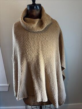 Soft Knit Turtleneck Poncho Sweater in Camel Tan